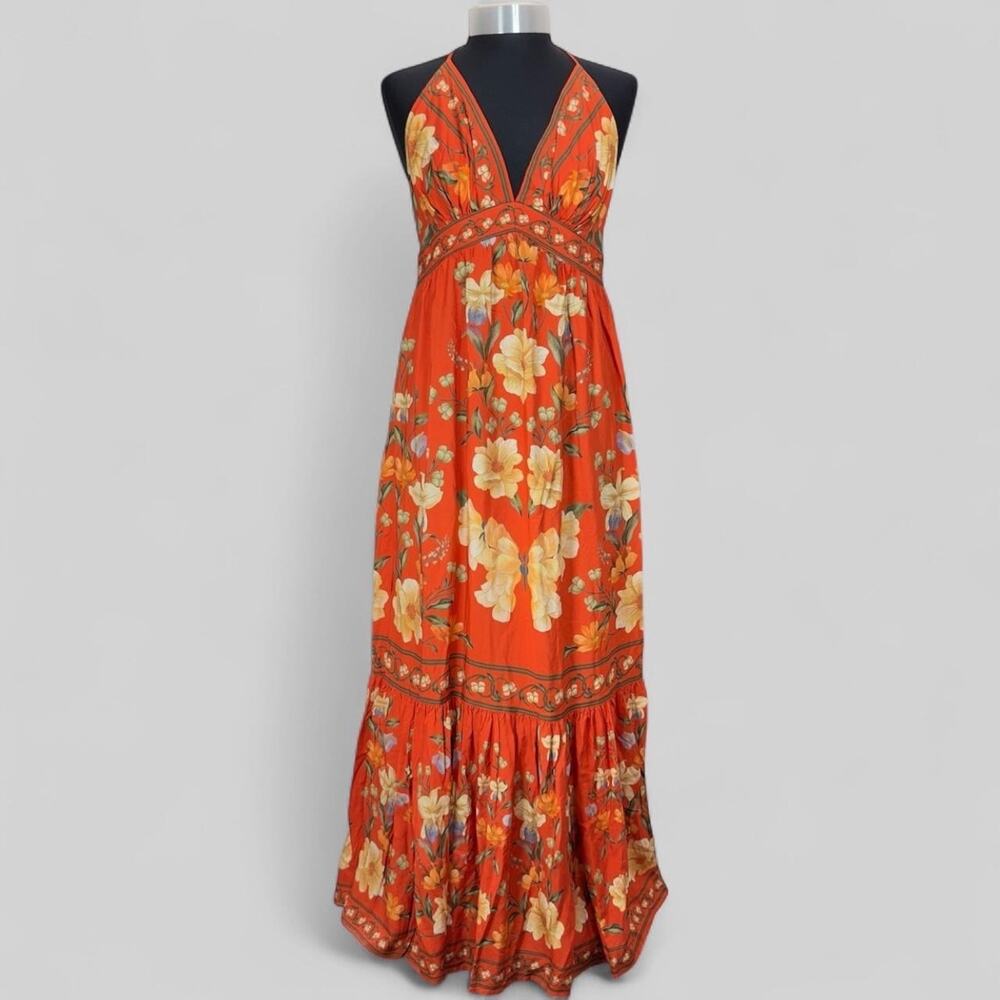 Farm Rio Red Floral Halter Women's Maxi Dress Size Small 100% Viscose Boho Chic